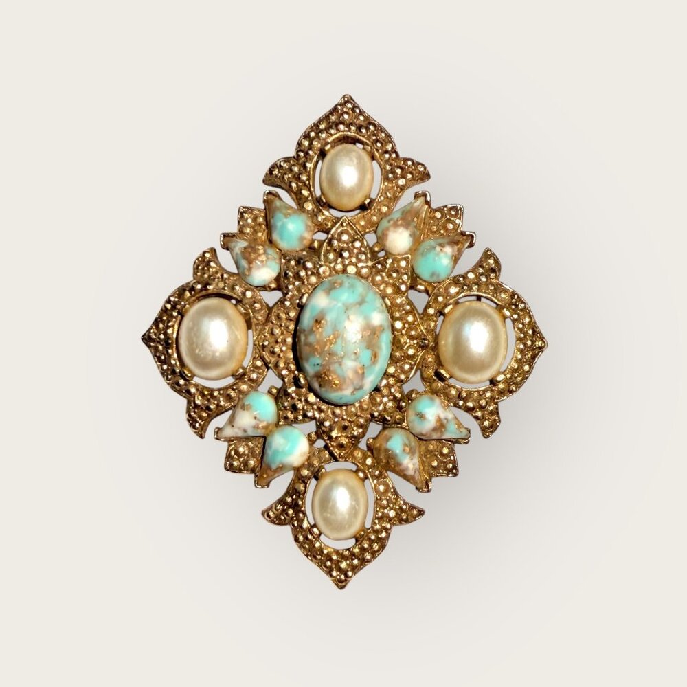 Vintage Sarah Coventry Brooch Pin Gold-Tone Faux Pearl & Turquoise Ornate
